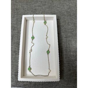 Gold Tone Chain Necklace With Green & Pearl Like Accents Women Fashion Jewelry
